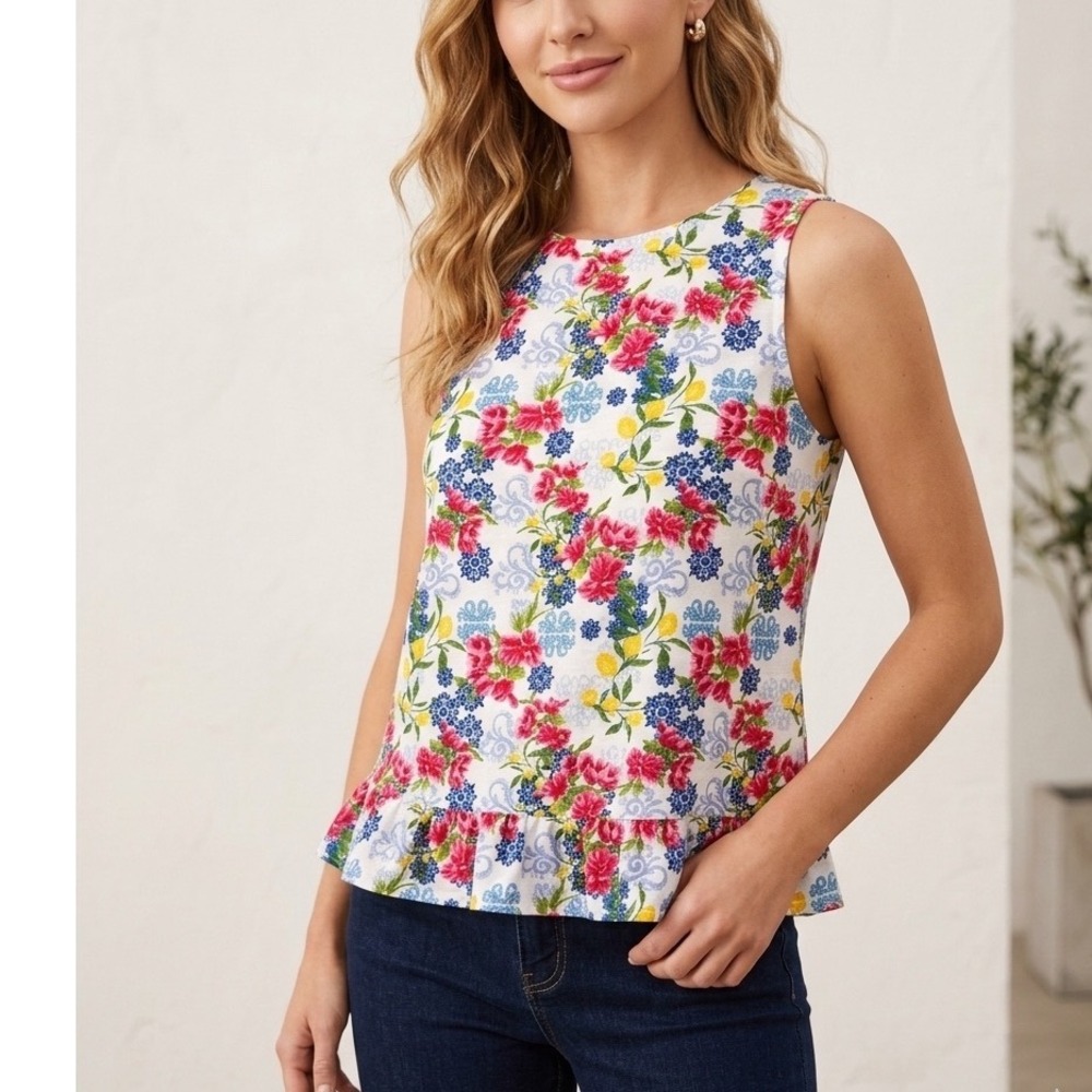 Stella Parker Collection Floral Lemon Print Ruffle Hem Cotton Tank Top Medium